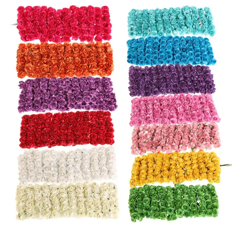 

144pcs DIY Rose Mini Artificial Flowers Bouquet Solid Color Wedding Decoration