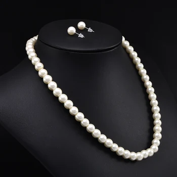 

8mm White Artificial Glass Pearl Necklace Earring Jewelry Set For Women Fashion Bridal Wedding Engagement Gift joyeria mujer
