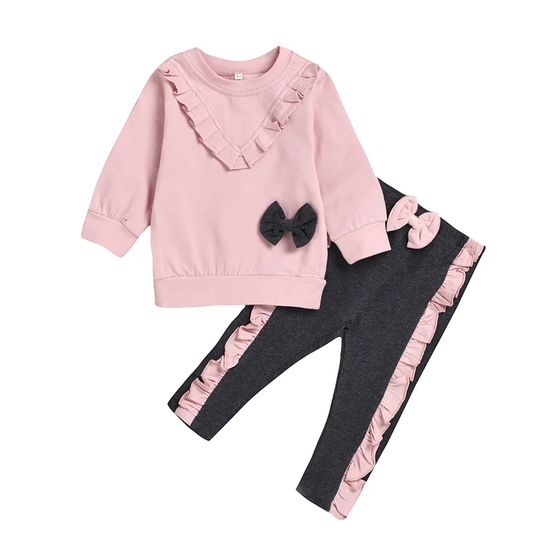 

Spring Autumn Children Clothes Girls Clothing Sets Solid Clothing For Girls Long Sleeve Clothes Set Cute Lace Bow Two-Piece