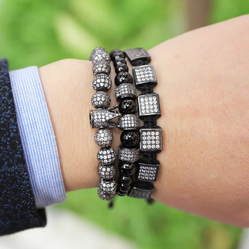 High Quality Luxury Men Jewelry Bracelet CZ Micro Pave Square Beads Crown Charm Adjustable Bracelet Set For Men - Image 2