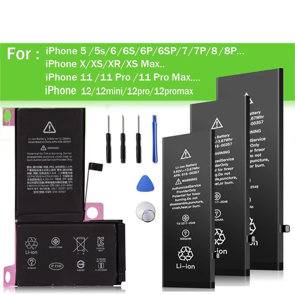 Батарея для Apple iPhone 12 XR 11 Plus X Xs Max 6 6S 7 Замена Bateria Высокая емкость + инструменты IPhone