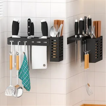 

Knives Chopsticks Storage No Drill Black Stainless Steel Kitchen Organizer Shelf