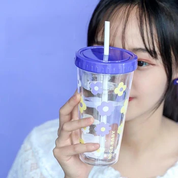 

1pcs 420ml Double-walledIce Flower PlasticIced Tumbler Cold Drink Travel Mug Coffee Juice Tea Cup With Straw Reusable Smoothie