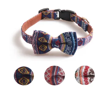 

Ethnic Style Dog Collars PU Leather Small Medium Dog Necklace Bow Tie Double Layer Bowknot Adjustable Buckle Dogs Collar Leash