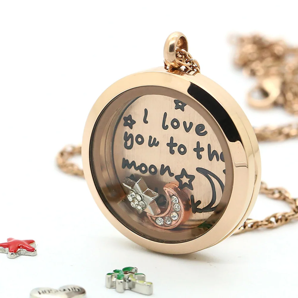 

BOFEE Floating Charm Round Pendant Necklace Lockets Stainless Steel DIY Glass Magnetic Rose Gold Valentine's Day Present 30MM
