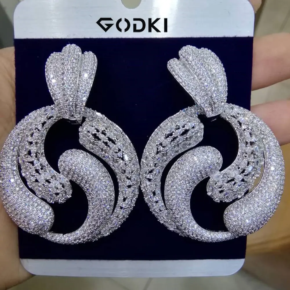 GODKI, известный Тай Чи, смелые серьги для женщин, трендовые, кубический циркон, вечерние, свадебные, Помолвочные, Дубай, серьги для женщин, ювелирное изделие - Окраска металла: Silver
