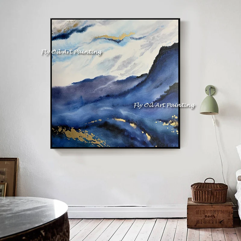 

Ручная роспись, высокое качество, Современная Золотая и синяя серая абстрактная масляная живопись на холсте для гостиной, Декор, абстрактная настенная живопись