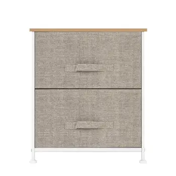 

2 Drawers -Night Stand, End Table Storage Tower - Sturdy Steel Frame, Wood Top, Easy Pull Fabric Bins - Organizer Unit For Bedro