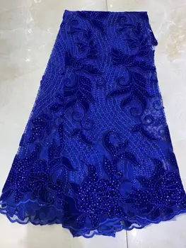 

African Velvet Lace Fabric With Rhinestones soft velveteen material royal blue Velvet Lace for wedding dress 5 yards per piece