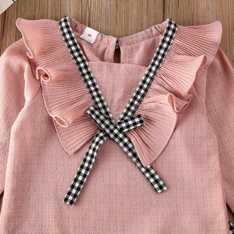 Pudcoco От 1 до 6 лет, комплект одежды для маленьких девочек, розовая футболка с длинными рукавами и оборками топ+ клетчатые штаны, спортивный костюм, комплект одежды, От 1 до 6 лет