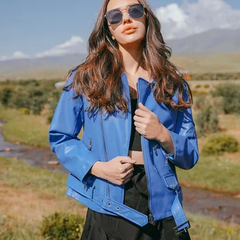 

2020 Pink Blue Leather Jacket Women Spring Autumn New Style Embroidered Women's Locomotive PU Leather Biker Coat