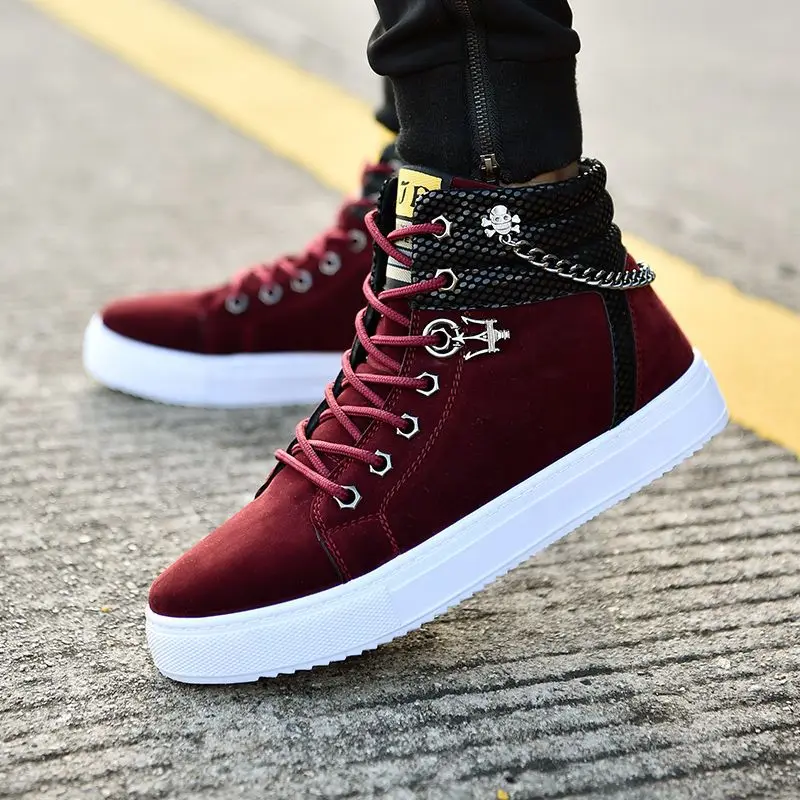 Spring New Men's Shoes Korean Fashion Chain Canvas Shoes High To Help Casual Shoes Men's Shoes Men Shoes Sneakers - Цвет: Burgundy