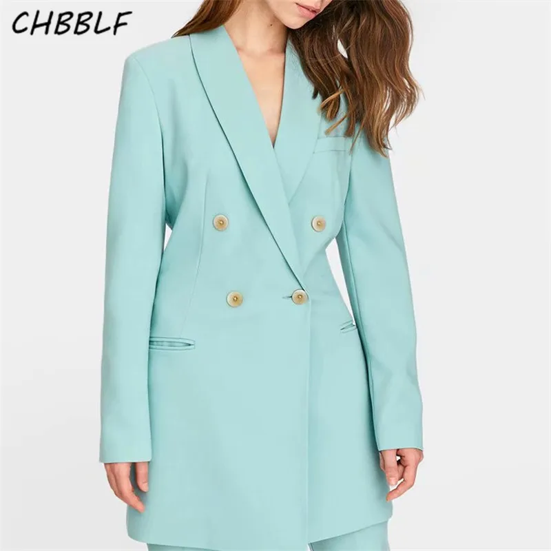 

CHBBLF women chic long blazer double breasted pockets long sleeve office wear coats solid female casual outerwear tops XDL2199