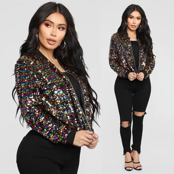 

2019 Women Long Sleeve Colorful Bomber Jacket Zipper Bling Bling Sequin Coat Glitter Long Sleeve Street Club Wear