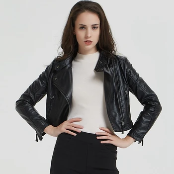 

2019New fashion PU coat faux leather jacket Women Elegant zipper Casual Slim Soft Motor Biker Faux Leather Female Autumn outwear