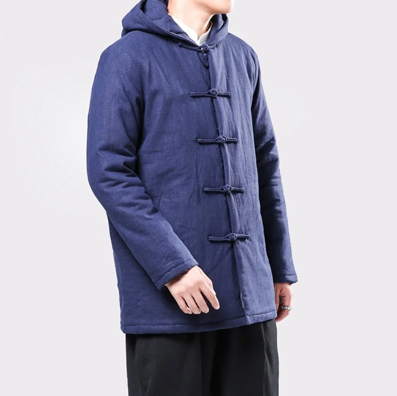 Vintage Style Hooded Men Parkas Cotton Winter Button Up Trench Long Sleeve Outerwear Padded Retro Men Jackets Coats KK3062