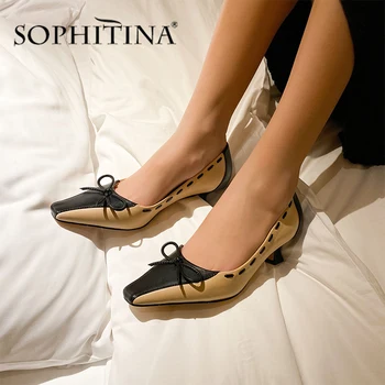 

SOPHITINA Elegant Women Pumps Mixed Colors Sewing Butterfly-Knot Decoration High Quality Sheepskin Shoes New Slip-On Pumps PO495