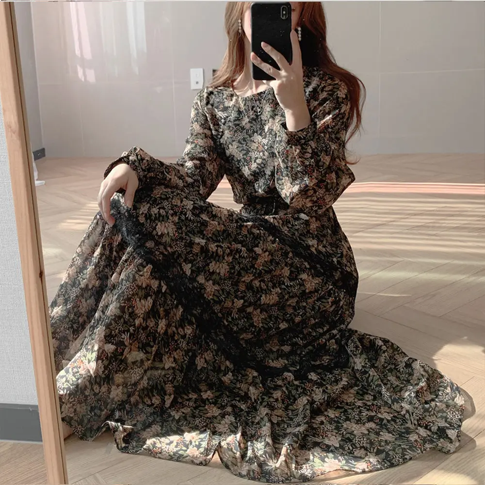 

YAMDI vintage dress women korean summer autumn autumn dresses female korean o neck long sleeve dress midi slim chiffon vestidos