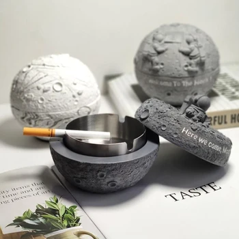 

Moon Cigarette Ashtray, Cement Ash Tray Windproof with Lid & Stainless Steel Liner, for Indoor or Outdoor Use, Patio, Office
