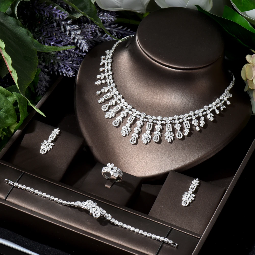 HIBRIDE Bridal Wedding Jewelry Sets Water Drop CZ Necklace Bracelet Earrings and Ring Set Women 4pcs Jewelry Bijoux Femme N-836