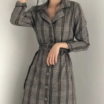 

Autumn Winter Korea Fashion Women Long Sleeve Elegant Slim Dresses Office Lady single-breasted Retro Plaid Long Dress S131