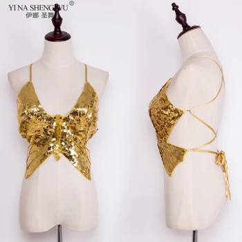 

Women Fashion Halter Butterfly Bra Top with Sequins 9 Colors Belly/Latin Dance Costume Butterfly Bra Dancing Sexy Sequins Top