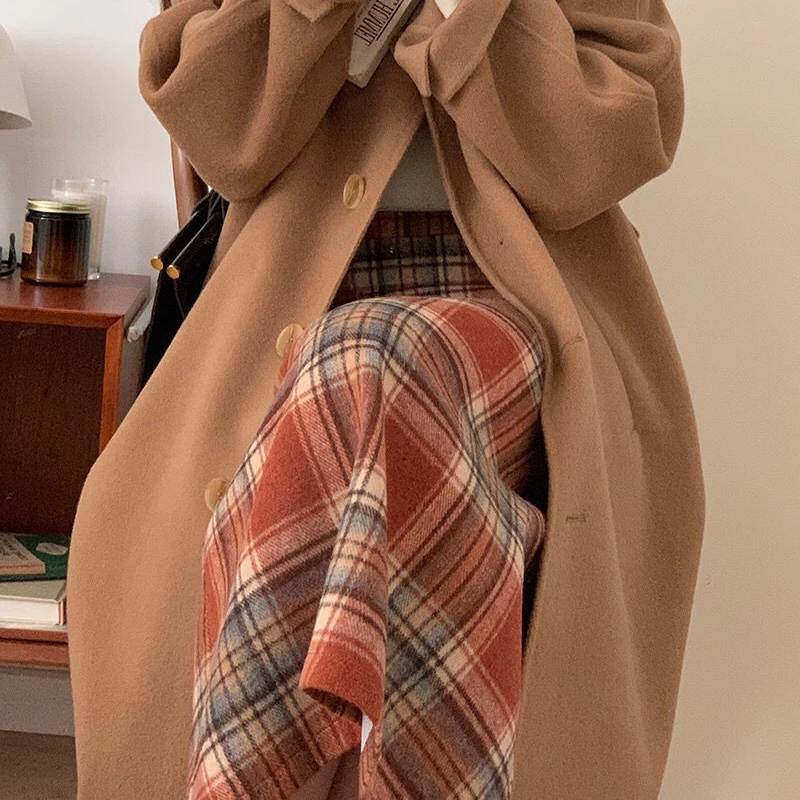 Plaid Skirts Women French Style Retro Classic Mid-calf All-match Casual Sweet Elegant Ladies Autumn New A-line Skirt Behind-slit