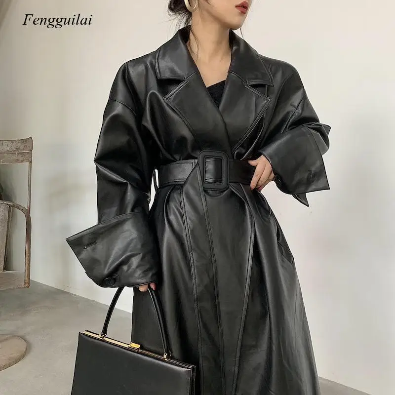 

Long Oversized Leather Trench Coat for Women Long Sleeve Lapel Loose Fit Fall Black Women Plus Size Clothing Streetwear