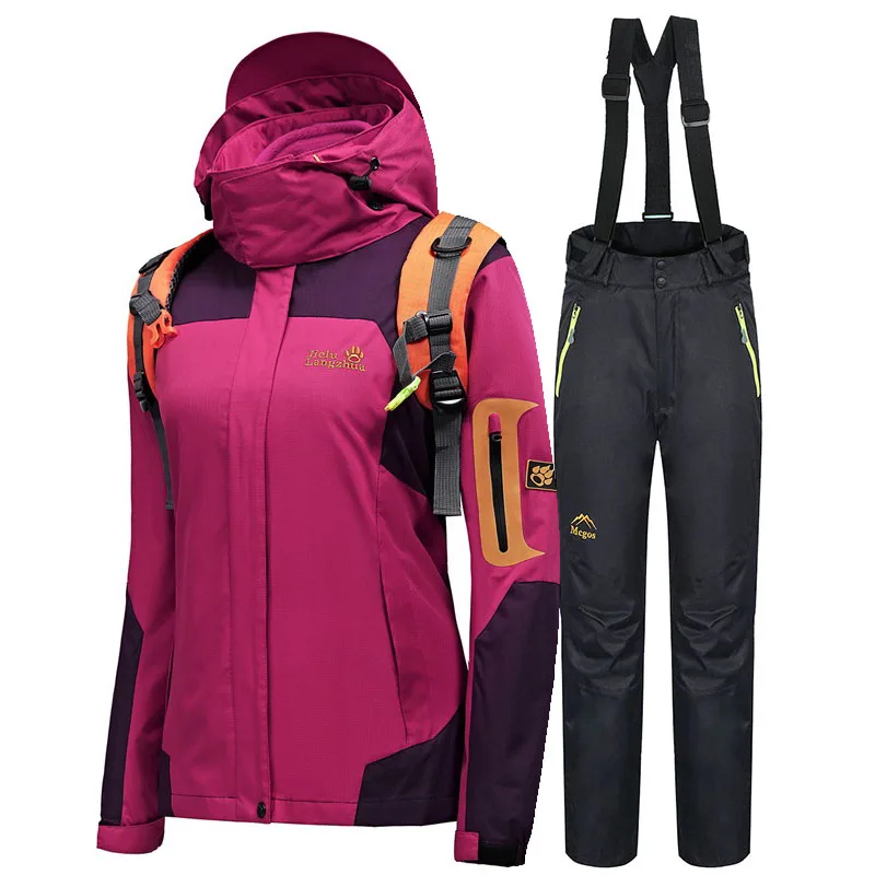 Лыжный костюм для Для женщин Водонепроницаемый ветрозащитный Лыжный Спорт Сноубординг комплекты курток-Термальность лыжный костюм Для женщин зима лыжный костюм Лыжная куртка - Цвет: Dark rose    Black