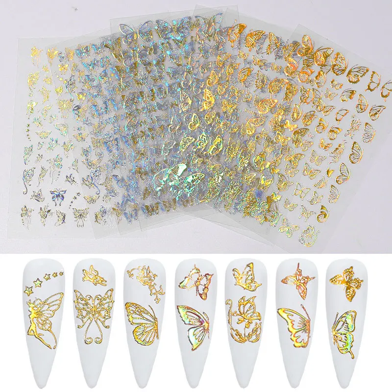 

1 Sheet 3D Nail Stickers Laser Gold Silver Butterfly Hollowing Design Transfer Sticker Self-Adhensive Decal Nail Decoration