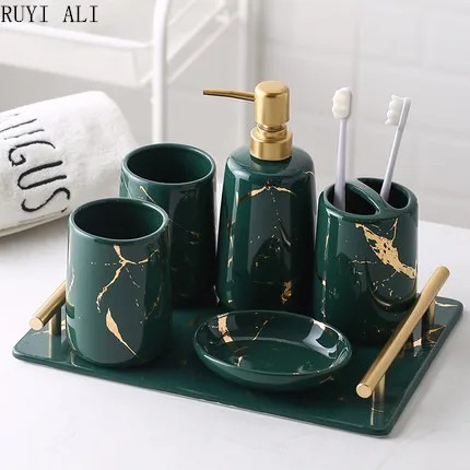 Набор из 5 предметов, принадлежности для ванной комнаты, темно-зеленый керамический Мраморный Узор, поднос для ванной, набор для мытья, кружка, чашка, зубная щетка, набор керамических зубных щеток