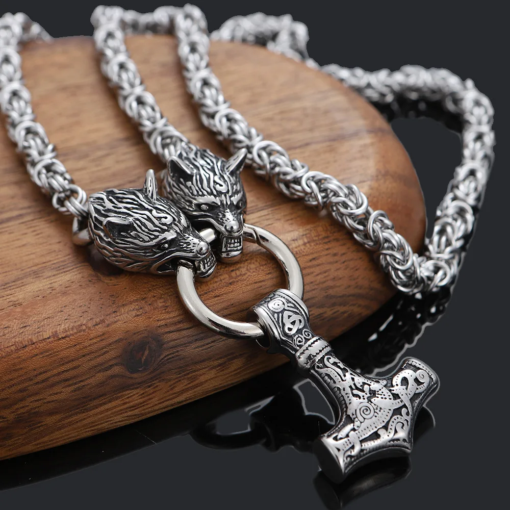 

Ожерелье Mjolnir с кулоном в виде молотка и волка, мужские украшения, Скандинавская цепь викингов из нержавеющей стали, ожерелье