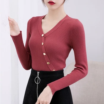 

2020 new casual v-neck button sweater women solid autumn winter female slim Knit sweater pullovers soft Jumper top khaki black