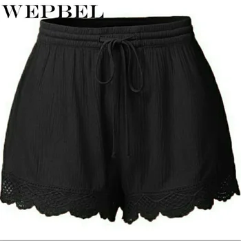 

WEPBEL Women Summer Solid Color Sexy Beach Trim Short Pants Ladies Pajamas Loose Bottom Elastic Waist Lace Up Lace Shorts