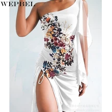 WEPBEL Fashion Mesh Dress Women's Sexy Lace-up One-Shoulder Split Dress Summer Slim Fit Patchwork High Waist Irregular Dress