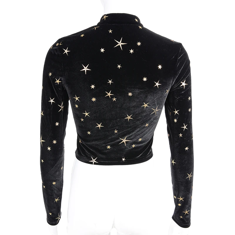 Star Print Black Stand-up Collar Tie Cropped Top For Women Long Sleeve Hollow Slim Sexy Navel T-shirt Lady Party Wear Street