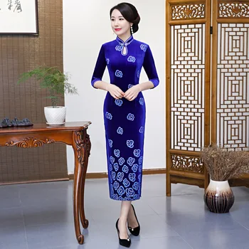 

Classic Embroidery Oriental Lady Velvet Cheongsam Autumn Winter Warm Stage Show Long Qipao Large Size Chinese Dress 3XL 4XL