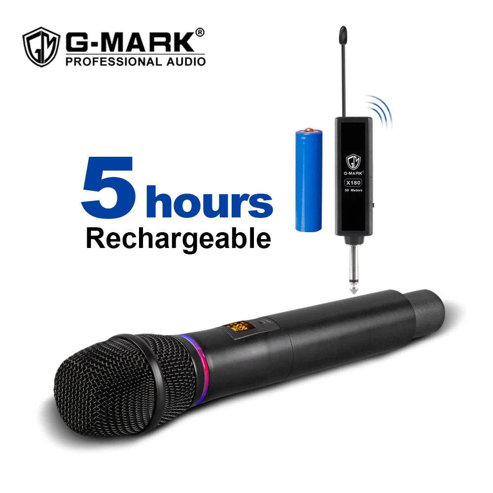 G-MARK X180 UHF Wireless Microphone Dynamic Karaoke Handheld Flash Lightning Adjustment Frequency Metal Body With Lithium Batter