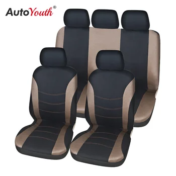 

Car Seat Covers Full Set for Auto, Truck, Van, SUV embossed flat cloth Airbag Compatible, Universal Fit (Light Brown 9-Pieces)