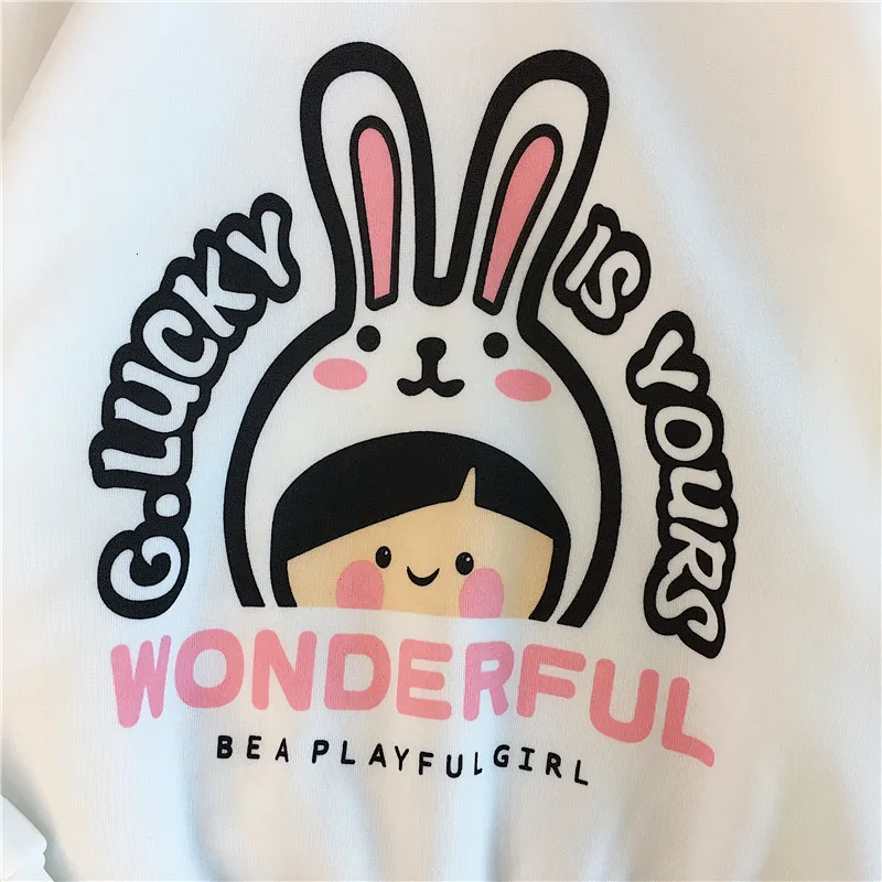 Kawaii толстовки для девочек кролик длинное ухо Sudadera мультфильм печати Толстовка для женщин зима плюс бархат Теплый пуловер топ размера плюс 2XL