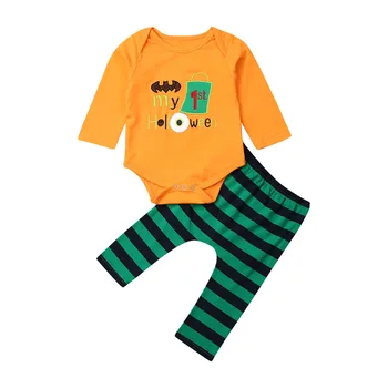 

Novelty Baby Boy Girl Halloween Clothes Sets Autumn 2Pcs Baby Cotton Outfits Letter Long Sleeve Romper Striped Pants 0-24M