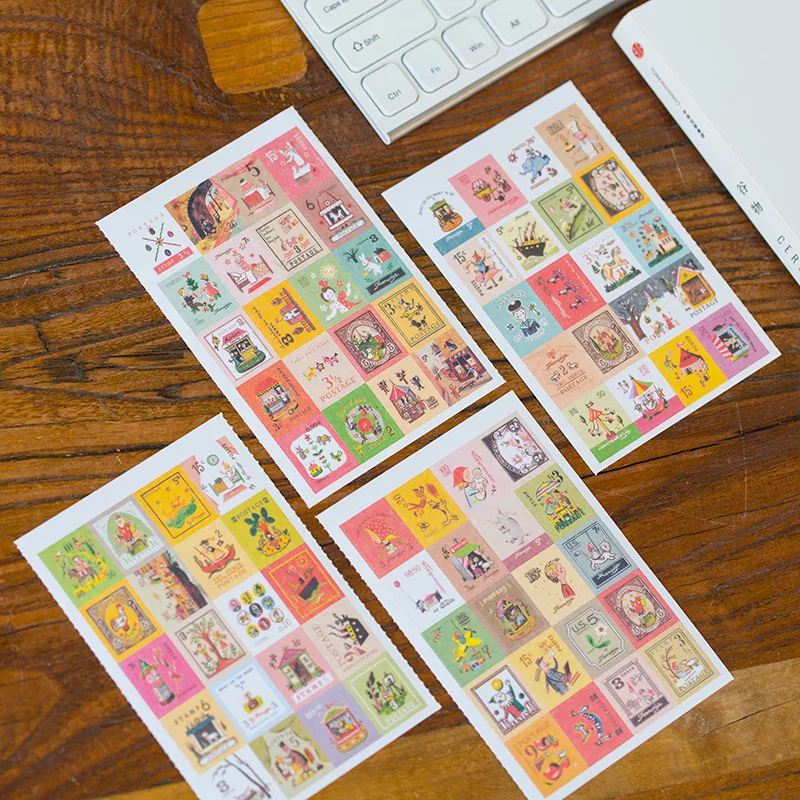 

4 Sheets/lot Kawaii Cute Cartoon Korea Vintage Francoise Stamp Flakes Paper Stickers For Cards kid Decoration Diary Scrapbooking