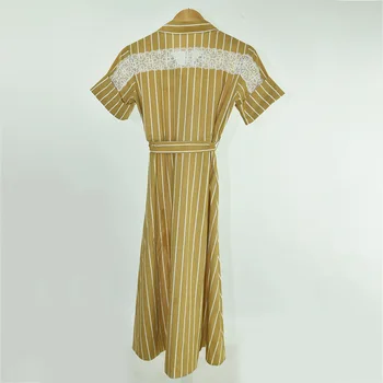 

Women Dresses 2019 Spring Summer Stripe Lace Short Sleeve Long Dress