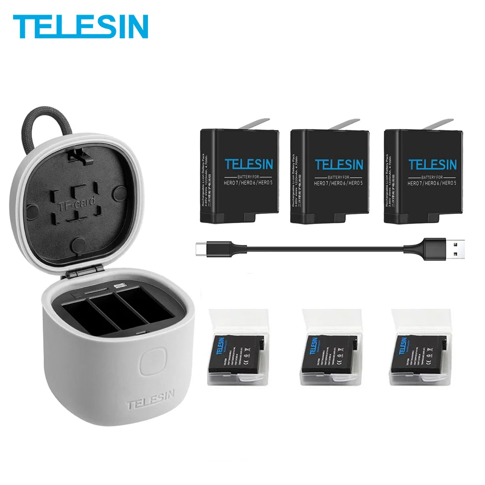 Cena TELESIN 3PACK bateria 3 gniazda zestaw z ładowarką czytnik kart tf etui z funkcją ładowania schowek dla Gopro Hero 8 7 Black Hero 6 Hero 5