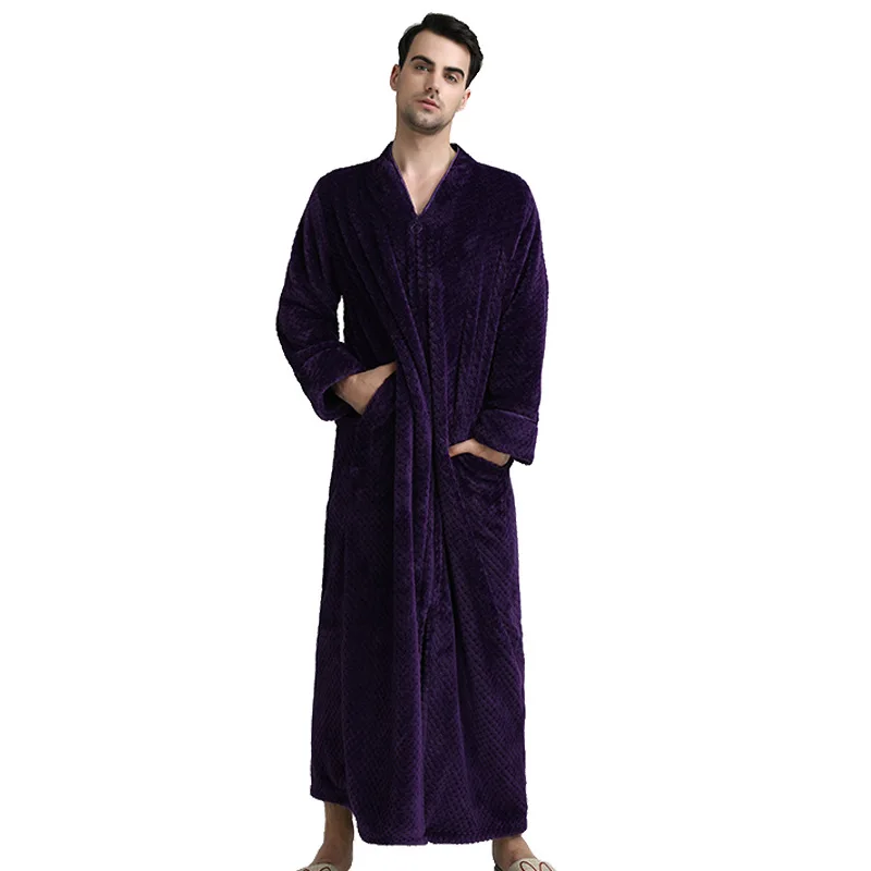 Женский зимний длинный теплый фланелевый банный халат с капюшоном больших размеров 40-100 кг, банный халат на молнии, ночной халат для беременных, Мужская одежда для сна - Цвет: Men purple