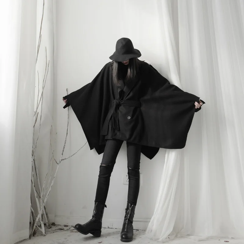 [EAM] Свободная облегающая черная свободная накидка, шерстяное пальто, парки, новинка, длинный рукав, женская мода, Осень-зима, 19A-a559