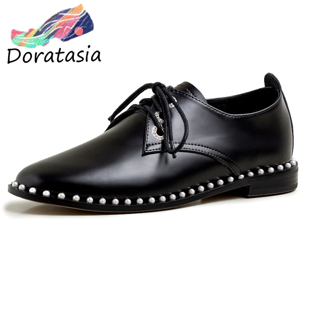 

DORATASIA Genuine Leather Girl Round Toe Sewing Rivet Lace Up Pumps Spring Pumps Women Casual Office Retro Shoes Woman
