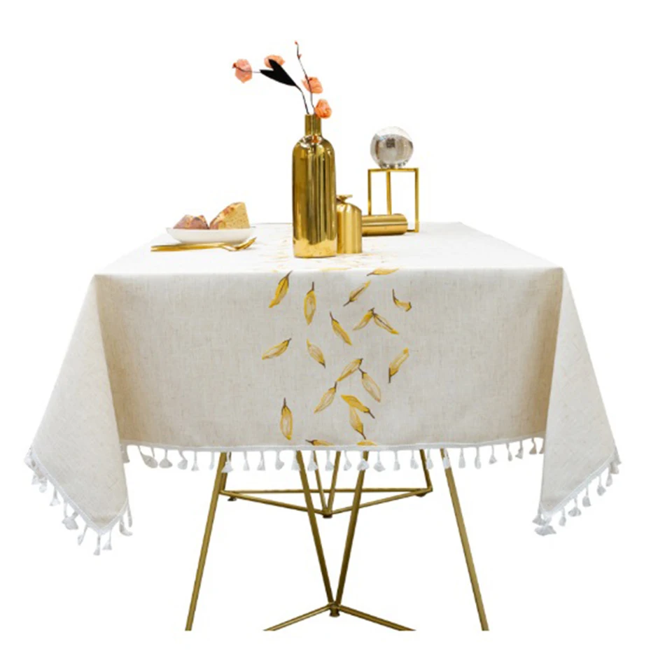 

Japanese-Style Embroidery Leaf Heavy Weight Cotton Linen Fabric Rectangle Tablecloths Spill-Proof Water Table Top Cloth Cover