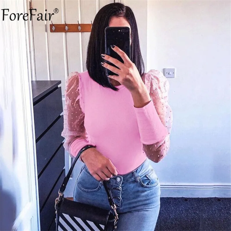 Forefair/черное сексуальное боди с круглым вырезом и длинными рукавами-фонариками; весеннее женское лоскутное боди в горошек; повседневные розовые женские элегантные топы