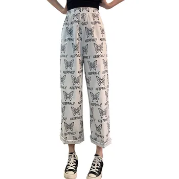 

Women Pants Elastic Waist Full Length Printed Casual Loose Straight Trousers Streetwear Butterfly Elegant Fun Cute Girl Pants